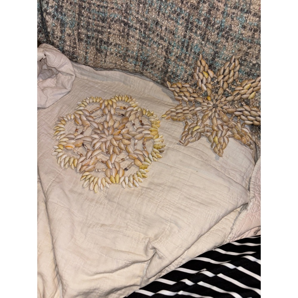 Vintage Handcrafted Cowrie Shell Placemats Set of 2 Starburst Boho Coastal Decor